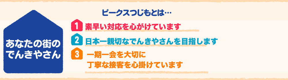 ピークスつじもとはあなたの街のでんきやさん　素早い対応を心がけています。日本一親切なでんきやさん目指します。一期一会を大切に丁寧な接客を心掛けています。